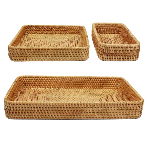 Suerhatcon 3er-Set Rattan Serviertablett Gewebtes Obstkörbe Rechteckige Aufbewahrungskorb Dekotablett für Badezimmer Wohnzimmer Küche von Suerhatcon