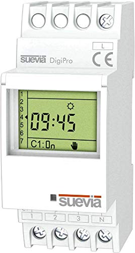 Suevia DigiPro Zeitschaltuhr für Schiene, 1 Stück, Kontaktspannung (max.): 250 V/AC, Schaltstrom (max.): 16 A, 1 Wechselrichter (RT) Programm von Suevia