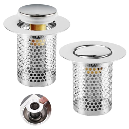 2 Stück Abflusssieb Waschbecken, 33 × 50mm Herausnehmbares Abflusssieb aus Edelstahl, Waschbecken sieb mit Push-Typ-Rückprallkern aus Messing, um haarsieb und Gerüche herauszufiltern von Suevut