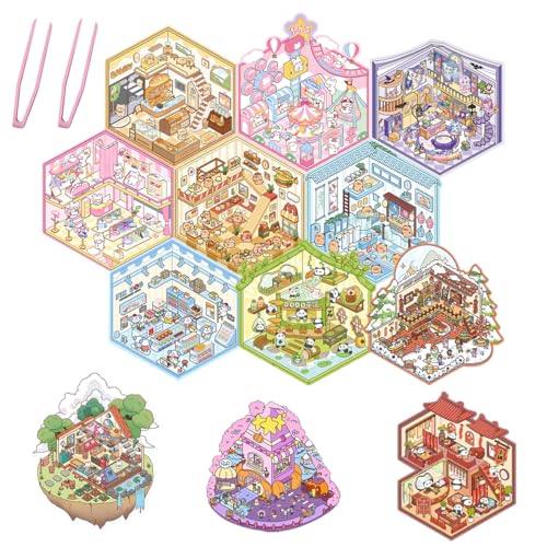 Suevut 12Pcs 3D Miniatur Haus Sticker Set, DIY-Aufkleber für Basteln, 3D House Stickers mit 2 Pinzetten, Kreative Sticker für Erwachsene und Kinder von Suevut