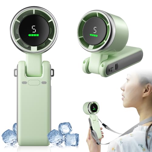 Suewidfay Handventilator Wiederaufladbar, 5 hohe Geschwindigkeiten Einstellbar 4000mah Tragbarer Mini Elektroventilator Batteriebetriebener Turbo Ventilator Nackenventilator (Grün) von Suewidfay