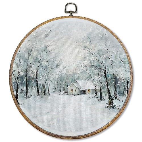 Sufamb Runder Wandkunst, Bauernhaus-Winterbaum, Natur, verschneite Landhütte, Leinwand-Kunstwerk, gerahmt, rustikaler Winter-Wandbehang, Dekorationen für Zuhause, Wohnzimmer, Schlafzimmer, Dekoration Sufamb Runder Wandkunst, Bauernhaus-Winterbaum, Natur, verschneite Landhütte, Leinwand-Kunstwerk, gerahmt, rustikaler Winter-Wandbehang, Dekorationen für Zuhause, Wohnzimmer, Schlafzimmer, Dekoration von Sufamb