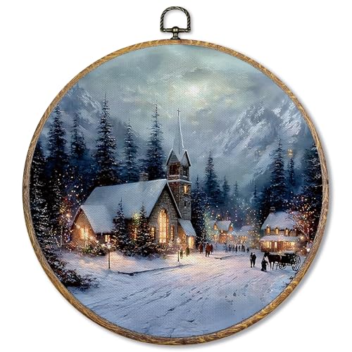 Sufamb Wandkunst, Motiv: Winter-Weihnachtsstadt, rund, Winter-Landhaus-Bauernhaus, Leinwand-Kunstwerk, gerahmt, Feiertags-Weihnachts-Wandbehang, Dekorationen für Zuhause, Wohnzimmer, Schlafzimmer Sufamb Wandkunst, Motiv: Winter-Weihnachtsstadt, rund, Winter-Landhaus-Bauernhaus, Leinwand-Kunstwerk, gerahmt, Feiertags-Weihnachts-Wandbehang, Dekorationen für Zuhause, Wohnzimmer, Schlafzimmer von Sufamb