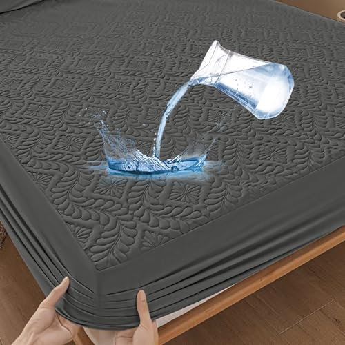 Premium Matratzenschoner wasserdichte 90x200cm Spannbettlaken Luxus, 3D-Muster, Atmungsaktive Matratzenbezug Wasserundurchlässiger Matratzen-Schutz Nässeschutz Spannbetttücher-Dunkelgrau von Sufdari