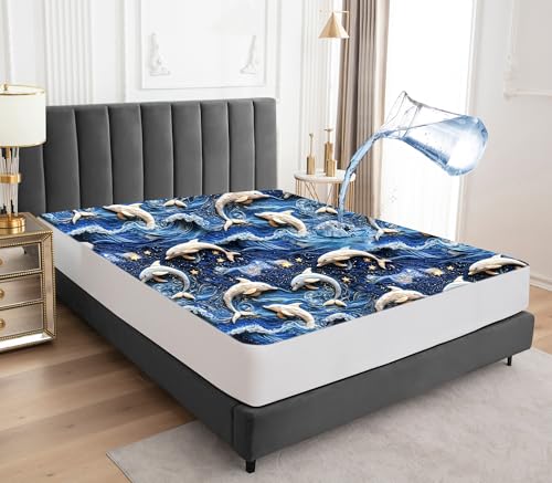 Wasserdichter Matratzenschoner 200x200cm Spannbettlaken, Atmungsaktive Matratzenbezug Wasserundurchlässiger Matratzen-Schutz Nässeschutz Spannbetttücher -Delphin von Sufdari