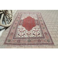 150x200 Roter Mittelmeer Teppich, Handgefertigter Handgewebter Oushak Anatolien Kelimteppich, Heriz Style Beige Floral 5.3x7.9 von SuffeArt