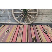 3'1x7'7 Ft, Kilim Läufer Rosa, Flachgewebe Handgewebter Teppich, Gestreift Bunt, Läufer, Kelim Türkisch Wohnkultur Neutral von SuffeArt