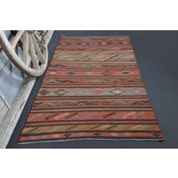 3.8x22.8 Rot Braun Gestreifter Flachgewebe Teppich, Kilim Oushak Wollteppich, Wohnzimmer Flachgewebe, Moderne Pastellteppiche von SuffeArt