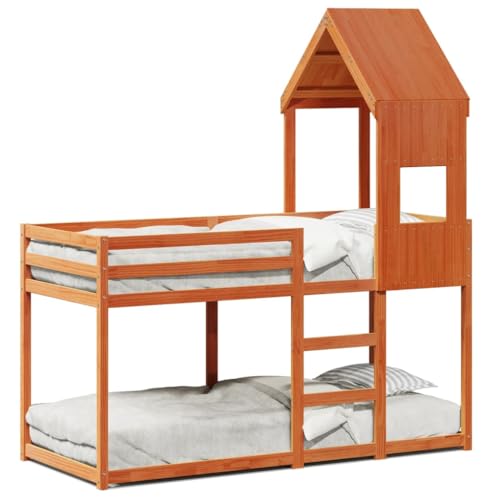 Sufrk Etagenbett mit braunem Wachsdach, 90 x 190 cm, Massivholz, Kiefernholz, Lattenrost, Fallschutz von Sufrk