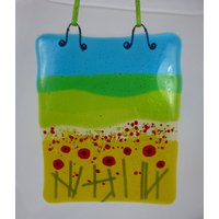 Gegossenes Glas Mohn Felder Hängen Suncatcher Panel Wandkunst von SugarLipsGlass
