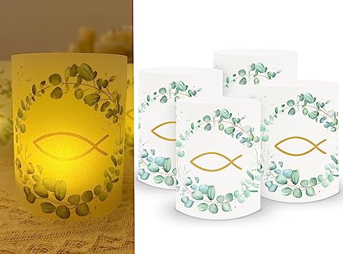 SUGERU® 16pcs Windlicht Tischdeko Geburtstag | Hochzeit, Kommunion, Taufe, Konfirmation, Geeignet für Teelichter oder LED-Kerzen | 27 x 10cm | Taufe deko | konfirmation deko |Φ8cm | Fisch Eukalyptus von Sugeru