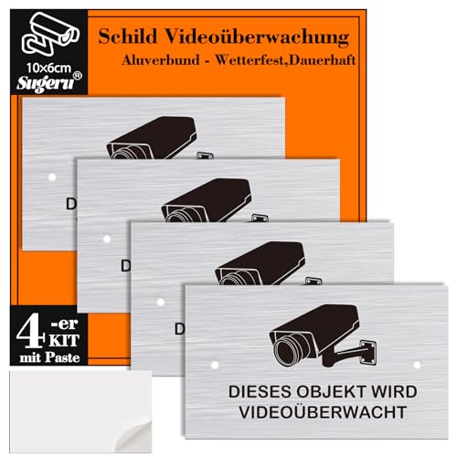 Sugeru® 4-er Schild Videoüberwachung mit Paste - 100mm | Achtung videoüberwachung privatgrundstück schild | DIESES OBJEKT WIRD VIDEOÜBERWACHT | Aluverbund - Wetterfest,Dauerhaft (4pcs- 100 x 60mm) von Sugeru