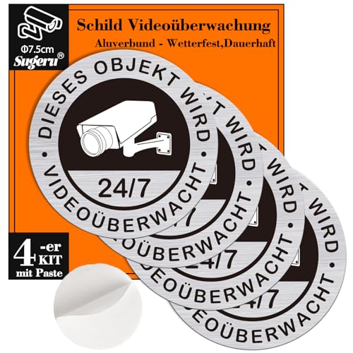 Sugeru 4-er Schild Videoüberwachung mit Paste - 100mm | Achtung videoüberwachung privatgrundstück schild | DIESES OBJEKT WIRD VIDEOÜBERWACHT | Aluverbund - Wetterfest,Dauerhaft (4pcs- 75mm) von Sugeru
