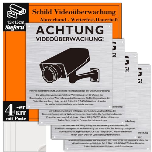 Sugeru® 4-er Schild Videoüberwachung mit Paste - 150mm | Achtung videoüberwachung privatgrundstück schild | DIESES OBJEKT WIRD VIDEOÜBERWACHT | Aluverbund - Wetterfest,Dauerhaft (4pcs- 150 x 150mm) von Sugeru