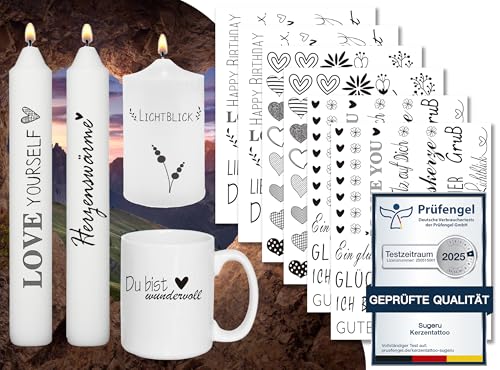 Sugeru 6 PCS Kerzentattoo (200+ Muster),Wassertransferdruck |wasserschiebefolie kerzen | Kerzenfolie | kerzenaufkleber sticker |Kerzen dekorieren | Sprüche,Lieblingsmensch,Happy Birthday(Mix-A-neu) von Sugeru