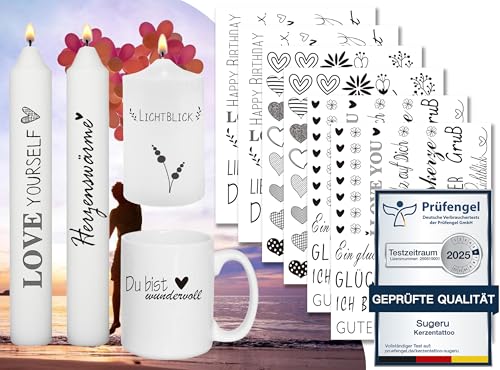 Sugeru 6 PCS Kerzentattoo (200+ Muster) Wassertransferdruck |wasserschiebefolie kerzen | kerzenaufkleber sticker |Kerzen dekorieren | Sprüche,ostern,Lieblingsmensch,Happy Birthday von Sugeru