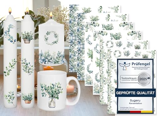 Sugeru 6 PCS Kerzentattoo (200+ Muster),Wassertransferdruck | wasserschiebefolie kerzen | Kerzenfolie | kerzenaufkleber sticker | Kerzen dekorieren | Sprüche,Happy Birthday(Eucalyptus II) von Sugeru