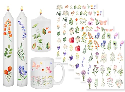 Sugeru® 6 PCS Kerzentattoo (200+ Muster),Wassertransferdruck |wasserschiebefolie kerzen | Kerzenfolie | kerzenaufkleber sticker | Kerzen dekorieren | Sprüche,Happy Birthday (Aquarell Blumen I) von Sugeru