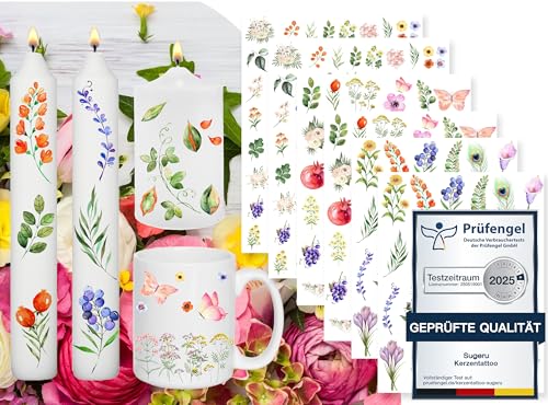 Sugeru 6 PCS Kerzentattoo (200+ Muster),Wassertransferdruck |wasserschiebefolie kerzen | Kerzenfolie | kerzenaufkleber sticker | Kerzen dekorieren | Sprüche,Happy Birthday (Aquarell Blumen I) von Sugeru