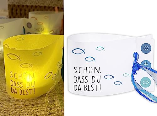 Sugeru® Windlicht Fisch Deko | 16 Stück Mini Tischlichter Kerzen Deko als Tischdeko für Junge und Mädchen | Kommunion Konfirmation Taufe Teelichter I Schön DASS du da bist I ca. 12,0 x 8,0 cm (Blau) von Sugeru