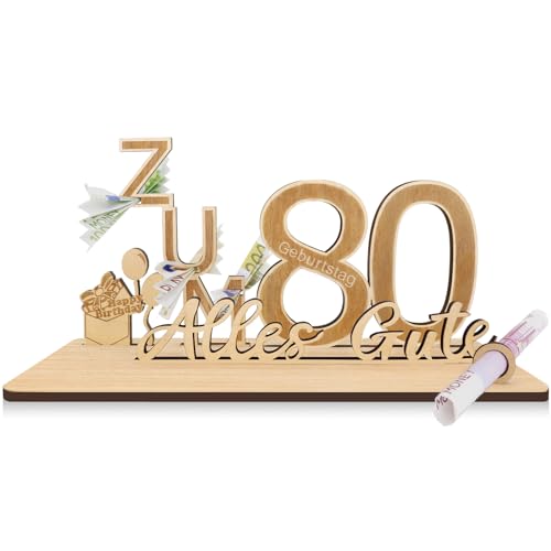 Sugeru Geldgeschenke Geburtstag Zum 80 | 25x13x12cm | Geburtstag Frauen Mann | Geschenke aus Holz Dekoration,Personalisierte Geldgeschenk | Geldgeschenk für Freunde, Familie, Liebhaber -Gästebuch von Sugeru