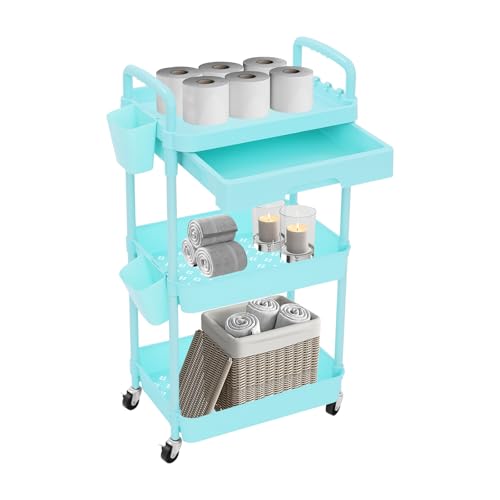 3-Stöckiger Aufbewahrungswagen mit Schublade, Allzweckwagen, Mit Vier robusten Lenkrollen und integriertem Griff, Geeignet für Küchen und Badezimmer 76 * 40 * 30cm(Weiß/Rosa/Schwarz/Blau) (Blau) von SuhoFutus