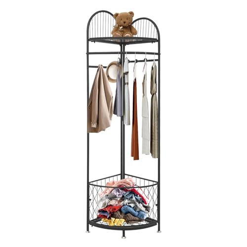 Eckgarderobe, Garderobenständer aus Kohlenstoffstahl, Steh-Garderobe mit Lagerung, Eckschrank mit 6 Haken, Eck Garderobe Aufbewahrungsregal für Flure, Schlafzimmer, Eingangsbereiche (Schwarz) von SuhoFutus
