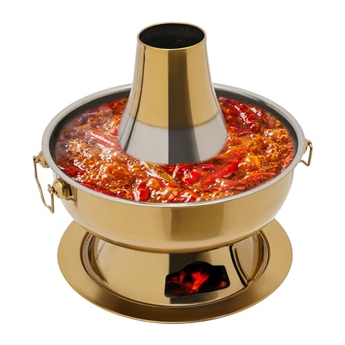 Hot Pot Topf, 2.3 Litre Campingherde Hot Pot aus Edelstahl, Messingfarbe Hotpot mit Schornstein, Chinesischer Holzkohle-Hot Pot, mit Undichter Löffel und Löffel, für 3-4 Personen von SuhoFutus