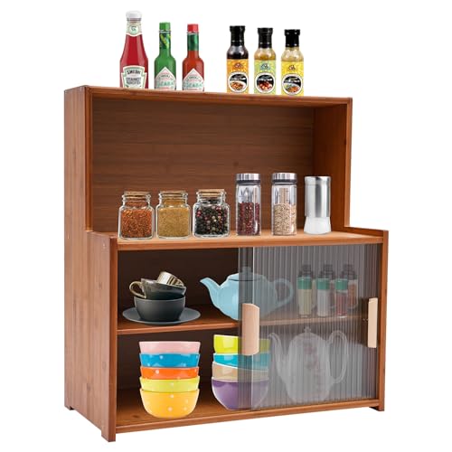 Küchenschrank, Aufbewahrungsschrank für Arbeitsplatte mit Zweischichtige Partition und Öffnen Arbeitsplatte, Bambus-Schrank-Organisator, Durchsichtige Schubladen, 55*28*61 cm (Dunkelbraun) von SuhoFutus