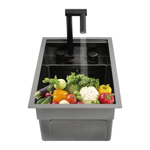 Küchenspüle Einbauspüle, mit klappbarem 360° Wasserhahn, geräuschdämmend & rostfrei, modernes Spülbecken Gun-Grey, 45x30x23cm, inklusive Abfluss-Set für Haus, Küche, Wäscherei, Dessertladen von SuhoFutus