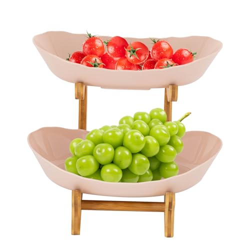 SuhoFutus 2-Stöckige Obstschale aus Bambus und lebensmittelechtem PP, 2-tlg Design mit Belüftung für Frische - Obstteller für Tischdeko, Küche, Partybuffet (Beige) von SuhoFutus