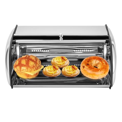 SuhoFutus Brotkasten Metall, Brotkasten aus Edelstahl - Brotbox mit Rolldeckel und Belüftunglöchern, Brotkasten im Flat-Top-Design, Spülmaschinenfest, Silber Brotbehälter 34 * 23 * 14.5 cm von SuhoFutus