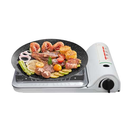 SuhoFutus Tragbarer Campingherd Set, 2-in-1 Camping Gasgrill, Stufenloser Temperaturregelung 3,5 kW Leistung und Transportkoffer, für Grillen, Kochen und Outdoor-Aktivitäten von SuhoFutus