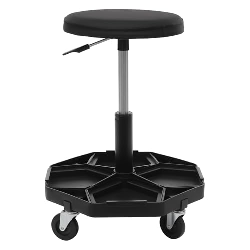 Werkstatthocker, Werkstatt-Rollsitz Tragfähigkeit 150 kg, Werkstatthocker mit 4 Universalrollen, 45-61cm Rollhocker Höhenverstellbar, Pneumatischer Rollhocker (Schwarz) von SuhoFutus