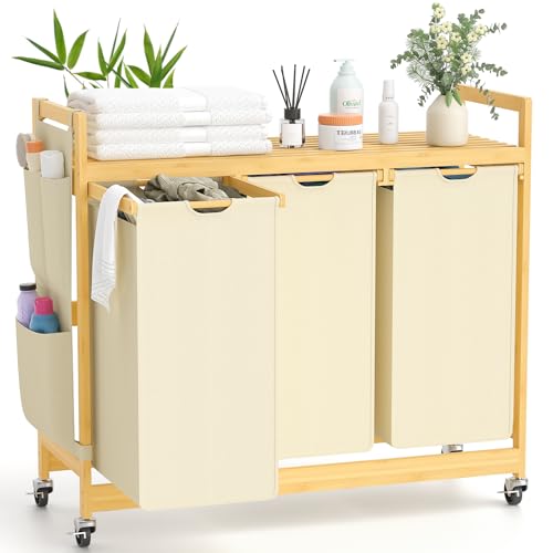 Wäschekorb aus 3 Fächer Bambus Wäschesammler mit Rad Wäscheregal kleine seitliche Taschen Wäschesäcken Abnehmbaren Wäschebox für Schlafzimmer Waschküche Beige von Suhu