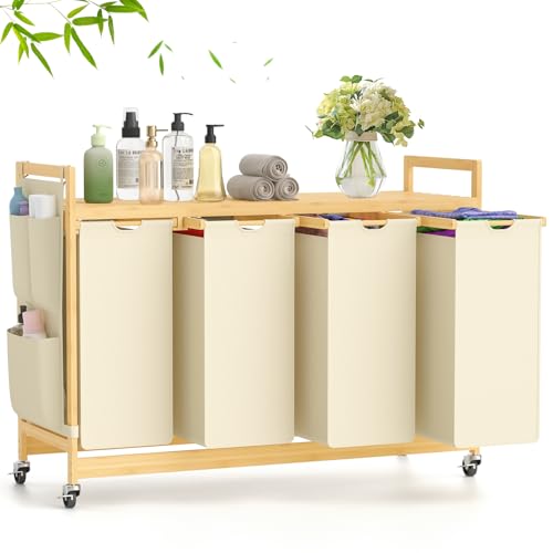 Wäschekorb aus 4 Fächer Bambus Wäschesammler mit Rad Wäscheregal kleine seitliche Taschen Wäschesäcken Abnehmbaren Wäschebox für Schlafzimmer Waschküche Beige Wäschekorb aus 4 Fächer Bambus Wäschesammler mit Rad Wäscheregal kleine seitliche Taschen Wäschesäcken Abnehmbaren Wäschebox für Schlafzimmer Waschküche Beige von Suhu