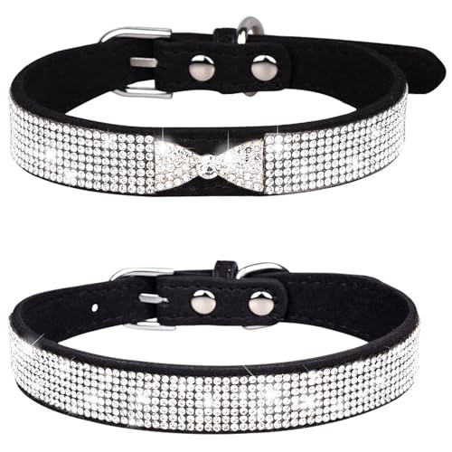 Suiecuor 2 pcs Hundehalsband Strass Katzenhalsband mit glänzender Diamantschleife verstellbares Hundehalsband aus weichem Wildleder geeignet für kleine mittelgroße und große Hunde Schwarz S von Suiecuor