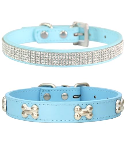 Suiecuor 2 teiliges lederhalsband Hund, hundehalsband Strass welpenhalsband mit Metallknochen Dekoration geeignet für kleine mittelgroße Hunde und Katzen Himmelblau XS von Suiecuor