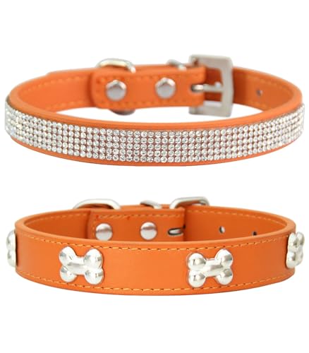 Suiecuor 2 teiliges lederhalsband Hund, hundehalsband Strass welpenhalsband mit Metallknochen Dekoration geeignet für kleine mittelgroße Hunde und Katzen Orange S Suiecuor 2 teiliges lederhalsband Hund, hundehalsband Strass welpenhalsband mit Metallknochen Dekoration geeignet für kleine mittelgroße Hunde und Katzen Orange S von Suiecuor