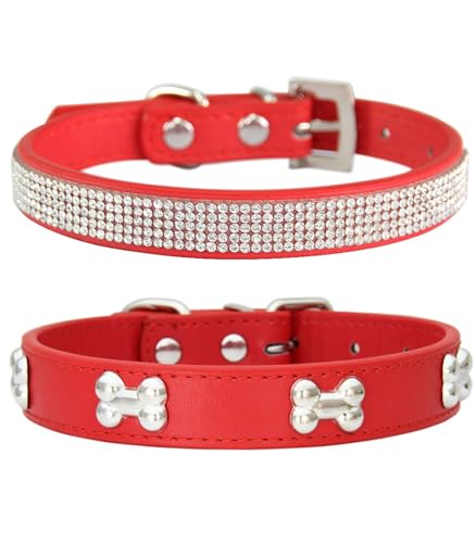 Suiecuor 2 teiliges lederhalsband Hund, hundehalsband Strass welpenhalsband mit Metallknochen Dekoration geeignet für kleine mittelgroße Hunde und Katzen Rot M Suiecuor 2 teiliges lederhalsband Hund, hundehalsband Strass welpenhalsband mit Metallknochen Dekoration geeignet für kleine mittelgroße Hunde und Katzen Rot M von Suiecuor