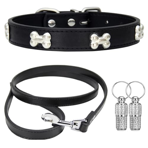 Suiecuor Halsband und Leinenhalsband Lederhalsband Hund Hundehalsband mit Metallknochendekoration Geeignet für kleine mittlere groß Hunde und Katzen Schwarz XS von Suiecuor