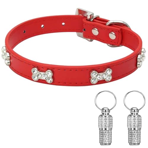 Suiecuor Hundehalsband Leder Welpenhalsband mit Knochen Hunde Halsbänder Geeignet für Hunde und Katzen von kleinen mittleren und großen Größen Rot M von Suiecuor