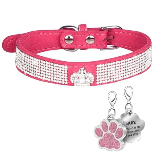Suiecuor Personalisiertes Hundehalsband mit glänzenden Strasssteinen, verstellbares Hundehalsband aus weichem Wildleder, geeignet für kleine mittelgroße und große Hunde von Suiecuor