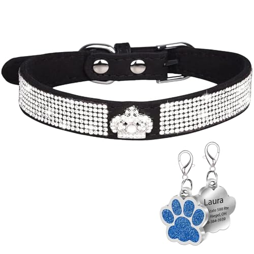 Suiecuor Personalisiertes Hundehalsband mit glänzenden Strasssteinen, verstellbares Hundehalsband aus weichem Wildleder, geeignet für kleine mittelgroße und große Hunde von Suiecuor