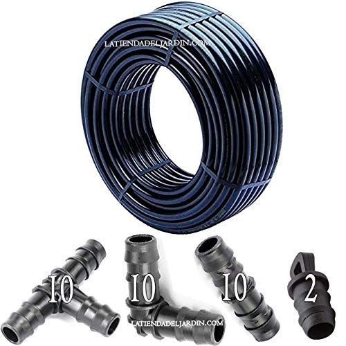 Suinga PE-LD Rohr 100 m x 16mm PN 2,5 bar Versorgungsleitung Wasserrohr Bewässerung Kunststoffrohr schwarz + 10 Te + 10 Winkel + 10 Verbindungsstück + 2 Tropfverschluss von Suinga