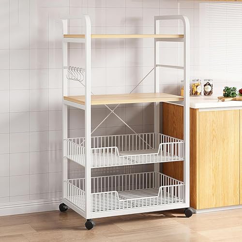 Suixtil Küchenregal mit Arbeitsplatte & Hohlen Netzkörben - Standregal mit Mehreren Haken, Riemenscheiben und Großer Lagerkapazität (Platzsparend & Vielseitig)(Weiß,60 * 33 * 123cm) von Suixtil