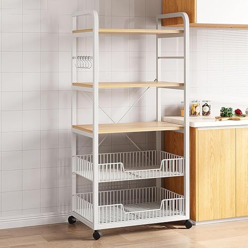 Suixtil Küchenregal mit Arbeitsplatte & Hohlen Netzkörben - Standregal mit Mehreren Haken, Riemenscheiben und Großer Lagerkapazität (Platzsparend & Vielseitig)(Weiß,60 * 33 * 143cm) von Suixtil