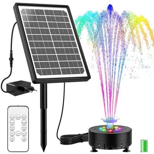 SUJFEE 10W Buntes LED Solar Springbrunnen für Außen mit Akku, Solarbrunnen mit Fernbedienung und Feste Pfähle,DIY Solar Teichpumpe mit 21 Effekte, Solar Wasserpumpe für Garten, DIY Wasserspiel, Teich von SUJFEE