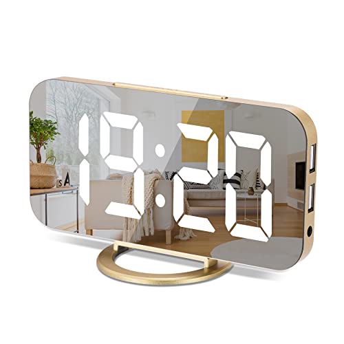 Sukeen Spiegel Digitaler Wecker, LED Große Display Uhr mit Weiße Großen Ziffern, 3 Helligkeitsstufen, Dual USB-Ports, Snooze, 12/24Hr, Moderner Tischuhren für Wohnzimmer Schlafzimmer-Gold von Sukeen