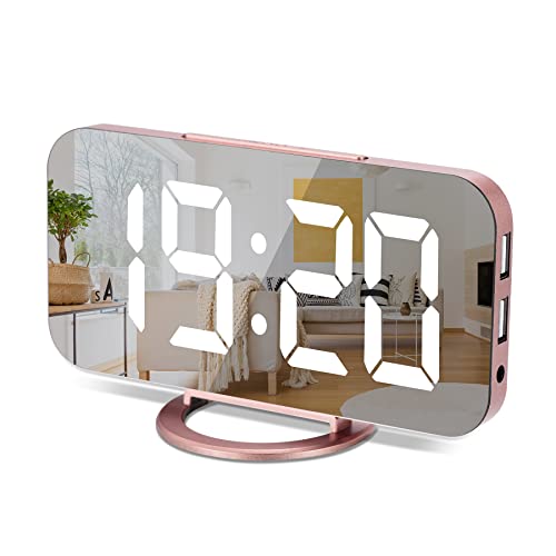 Sukeen Spiegel Digitaler Wecker, LED Große Display Uhr digital mit Weiße Großen Ziffern, 3 Helligkeitsstufen, Dual USB-Ports, Snooze, 12/24Hr, Moderner wecker für Wohnzimmer Schlafzimmer-Rosé Gold von Sukeen